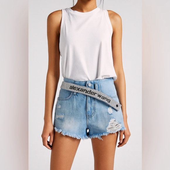 Alexander Wang Pants - Alexander Wang rhinestone belt Blue Distressed Denim Shorts